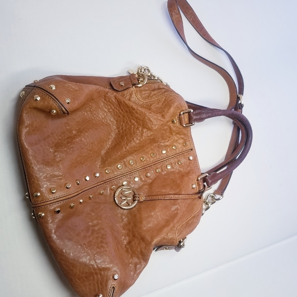 🌸 Michael Kors | Tan Leather Studded Medium Size Satchel Bag - Picture 9 of 15
